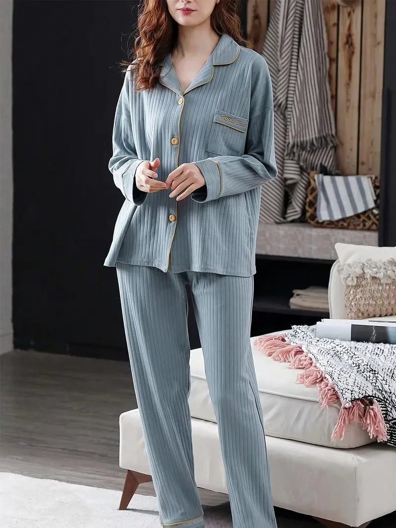 2pcs Women's Cardigan Pajamas with Long Sleeves and Pants for Spring/Autumn, Light Home Clothes