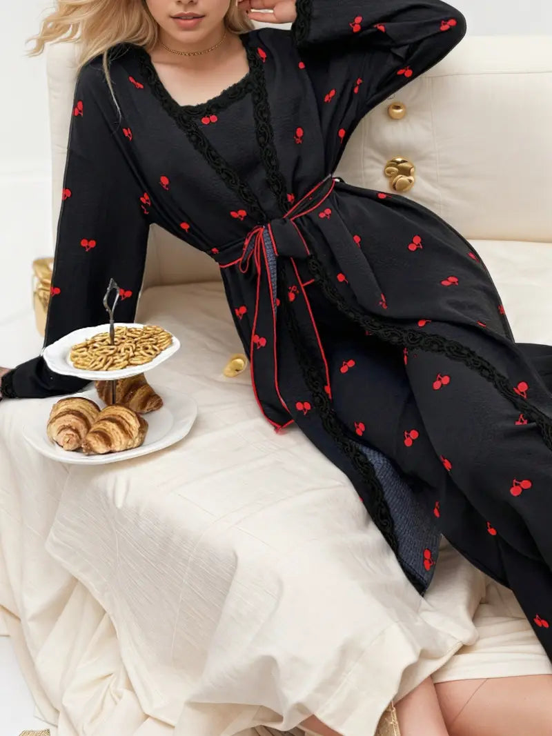 Casual Fashion Heart Print Lace Trim Tie-Up Women's Pajama Set of 3pcs