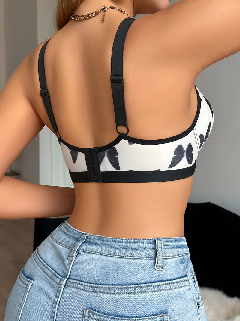 Women's Butterfly Print Wireless Bras - Full Coverage Non-Padded Push-Up Design with Black & White Contrast Butterfly Pattern