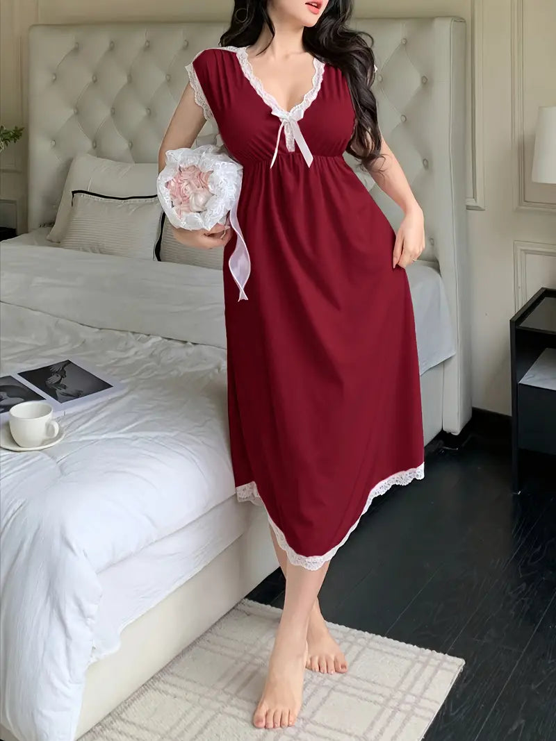 Women's Elegant Solid Color Lace-Trimmed V-Neck Sleeveless Nightgown