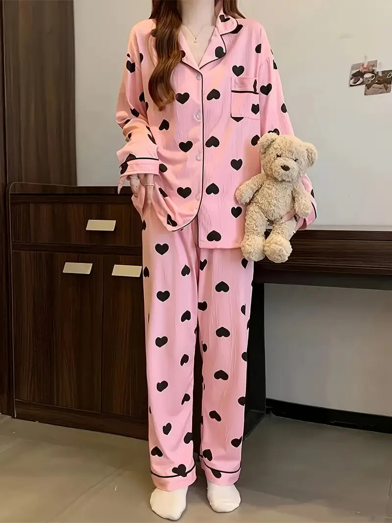 Set of 2 Women'S Pajama Outfits Featuring a Cute Homewear Design with Gentle Heart Prints And Long-Sleeve Casual Sleepwear