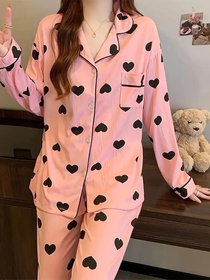Set of 2 Women'S Pajama Outfits Featuring a Cute Homewear Design with Gentle Heart Prints And Long-Sleeve Casual Sleepwear