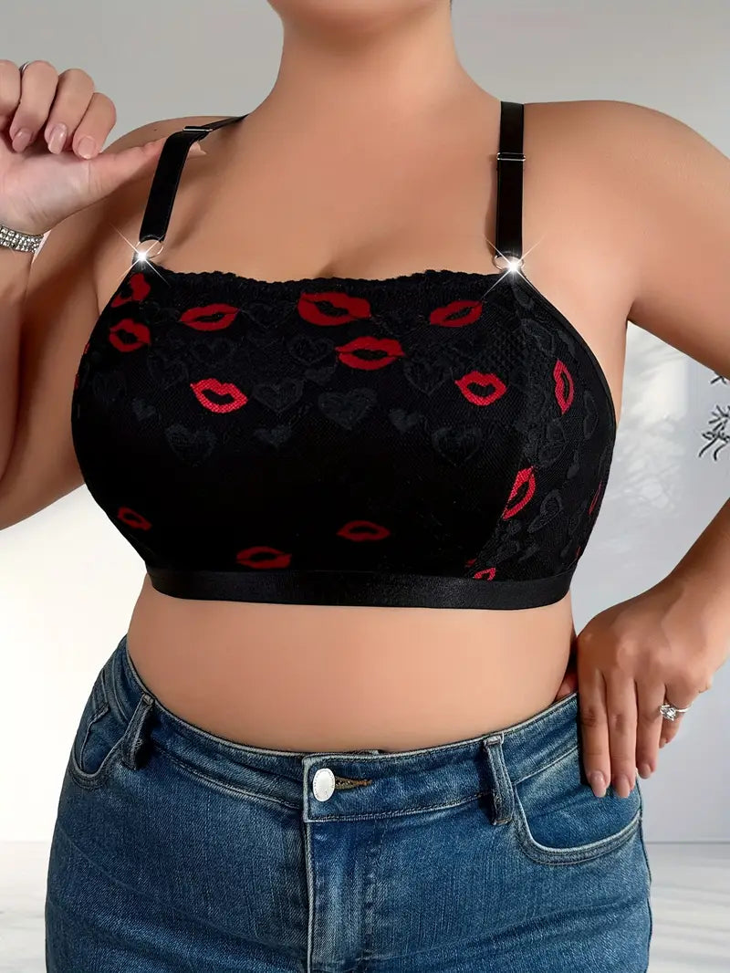 Women's Plus Size Sexy Bra - Black & Red Lip Print - Soft 90% Nylon Full Coverage
