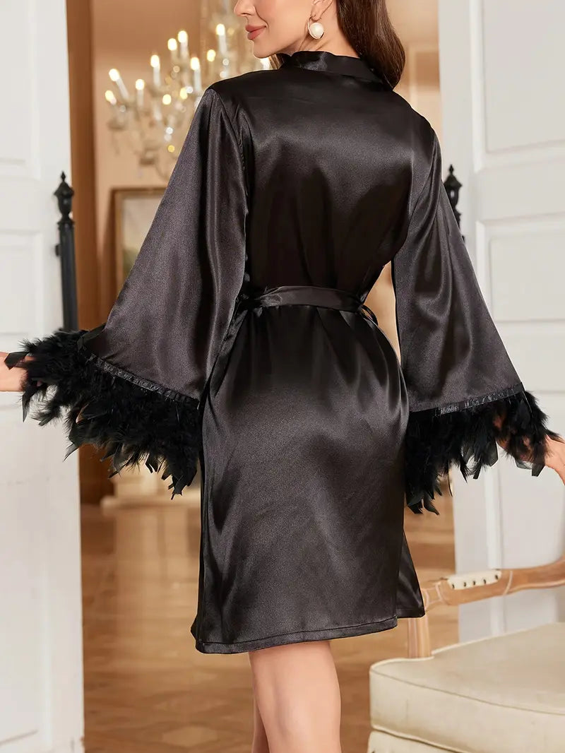 Women's Solid Color Long Sleeve Short Elegant Morning Robe Bathrobe