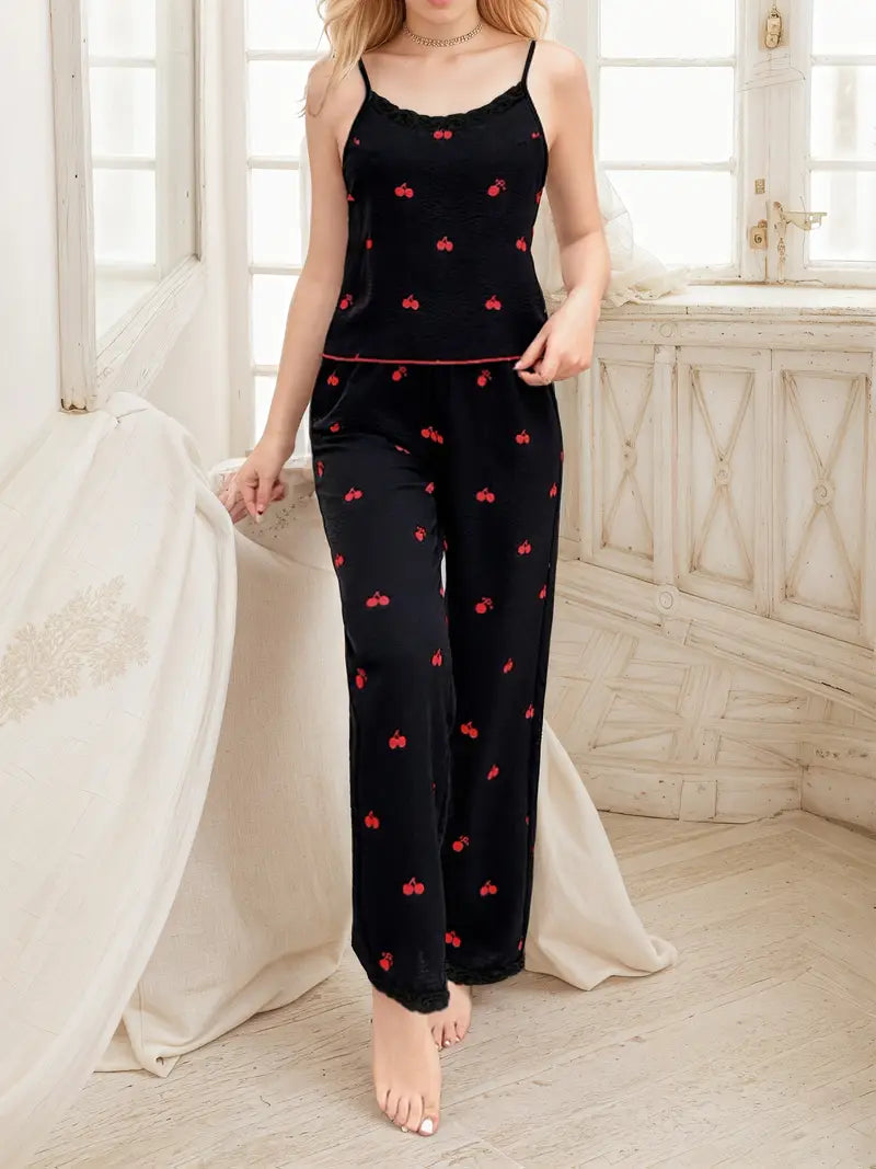 Casual Fashion Heart Print Lace Trim Tie-Up Women's Pajama Set of 3pcs
