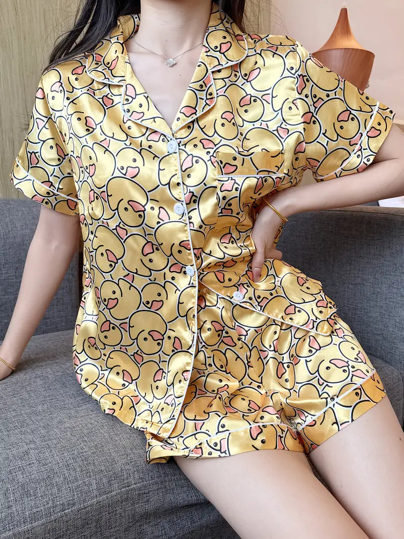 Satin Women's Pajama Set, Short Sleeve Top and Briefs, Two-Piece Summer Sexy Comfortable Sleepwear