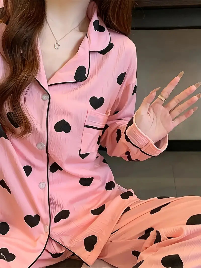 Set of 2 Women'S Pajama Outfits Featuring a Cute Homewear Design with Gentle Heart Prints And Long-Sleeve Casual Sleepwear