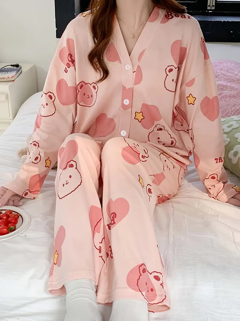 In-Stock High Quality Non Stretch Women's Pajamas, Autumn Long Sleeve & Leggings Set for s with V Neck