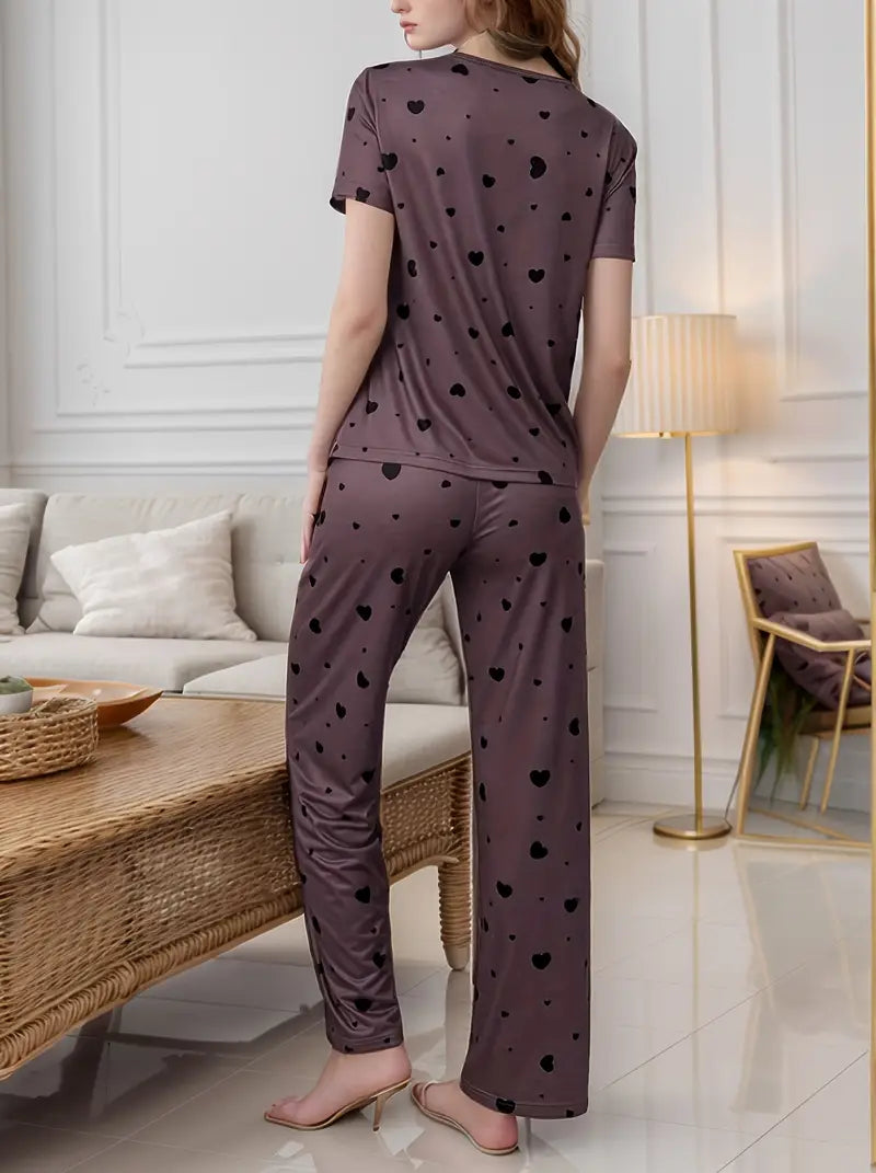 Women'S Heart Pattern Short Sleeve Pajama Set - Casual Crew Neck, All-Season Comfort, Green with Hearts