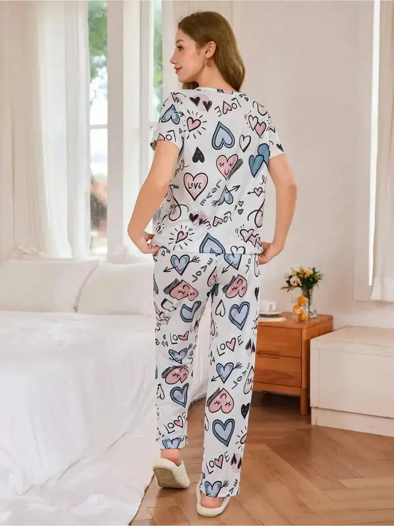 Two-Piece Women's Spring Autumn Winter Pajama Set, Short Sleeve Pullover Round Neck Top and Long Pants