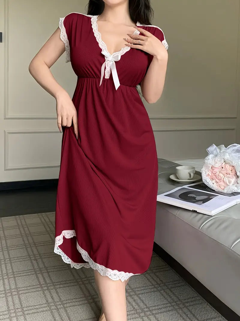Women's Elegant Solid Color Lace-Trimmed V-Neck Sleeveless Nightgown