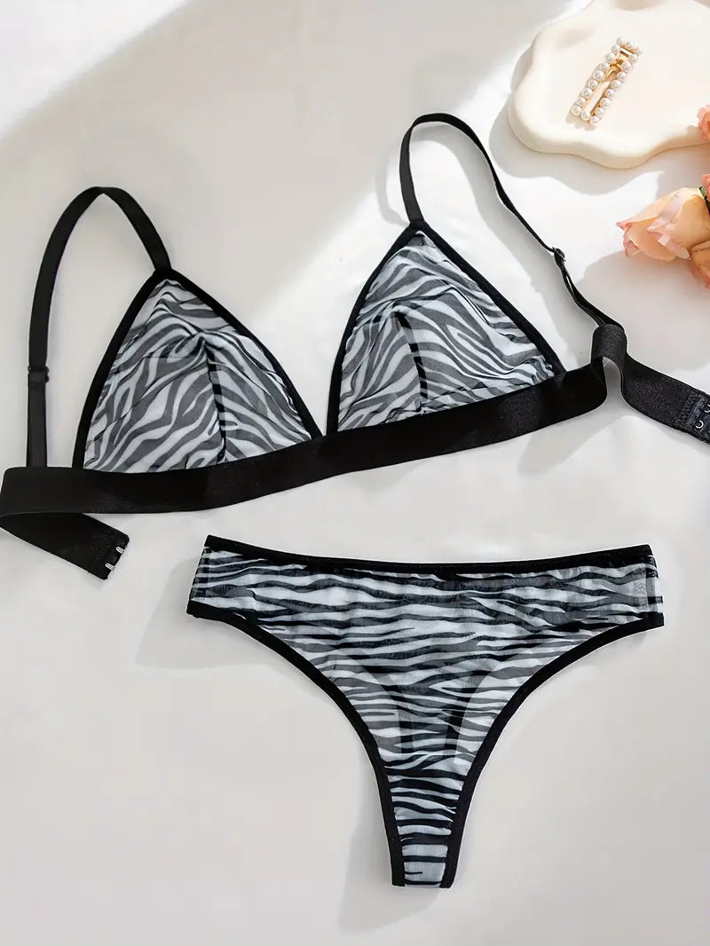 Women'S Black Zebra Print Wireless Mesh Bra and Thong Set