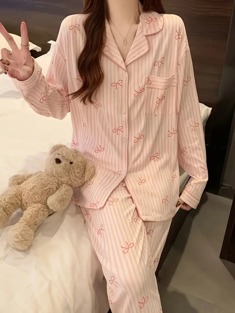 Wrinkle Fabric Sleepwear Spring Collection Sweet Striped Long Sleeve Korean Style Casual Wearable Home Set