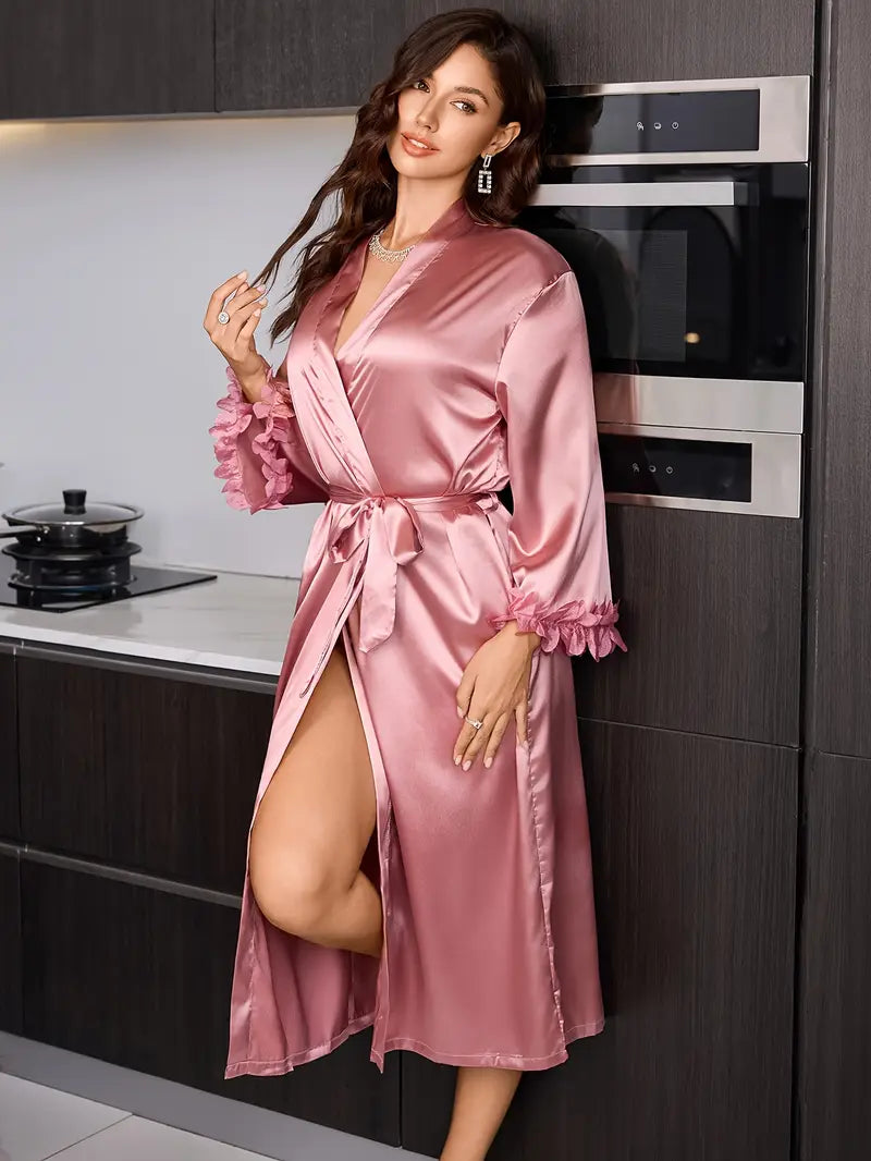 Women'S Solid Color Simple And Comfortable Long Tie Robe for Home Leisure