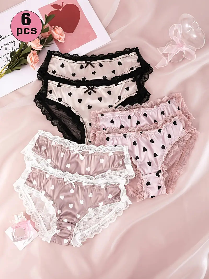 6pcs Elegant Lace Heart Pattern Briefs, Satin Low Waist High Panties, Breathable Stretch Fit