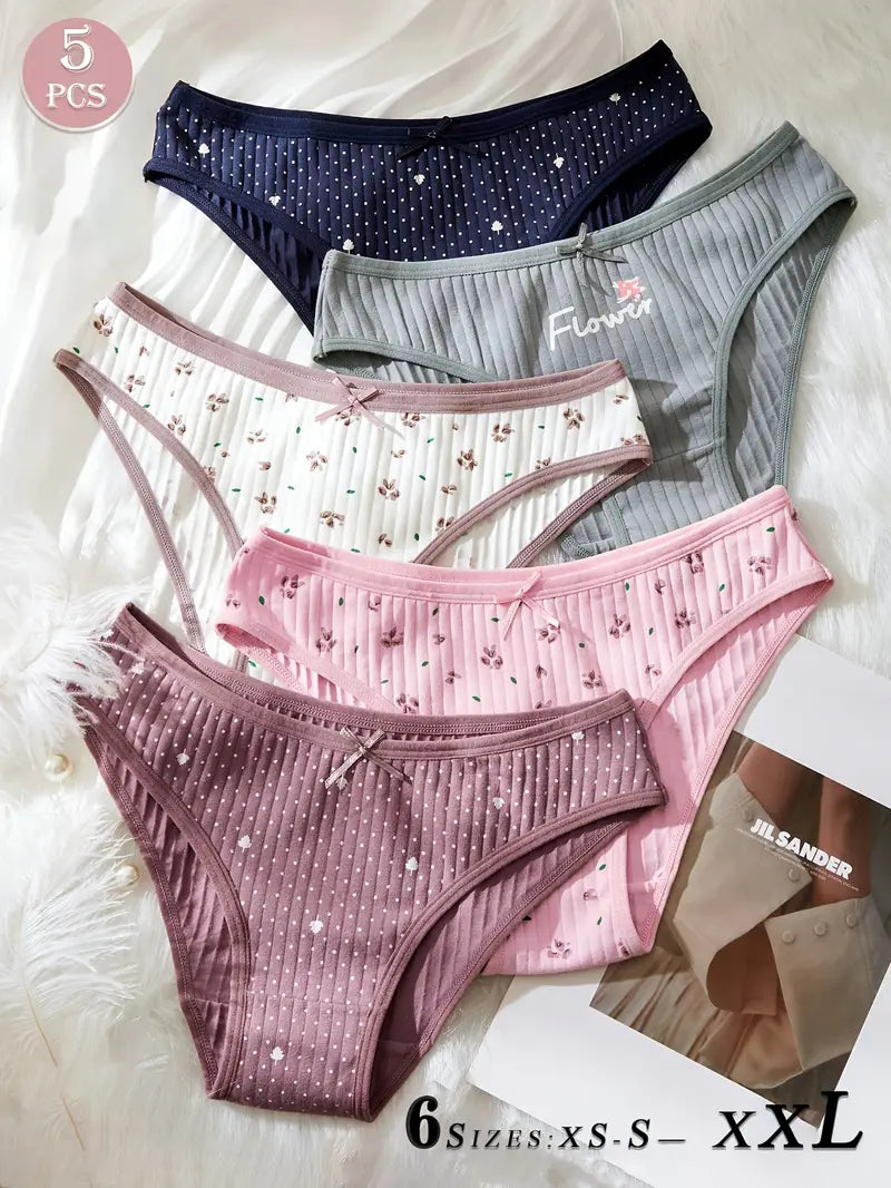 5pcs Oriental Soft Breathable High-Stretch Comfort Fabric Ribbed Elegant Bow Pure Breathable Printed Women's Panties