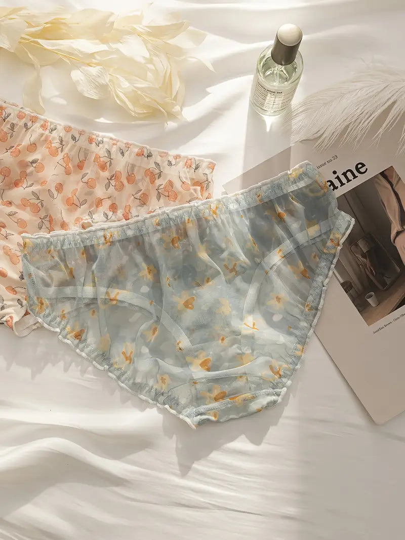 6pcs Mesh Women's Panties with Cute Fruit and Vegetable Cherry Print, Sexy Comfort Breathable