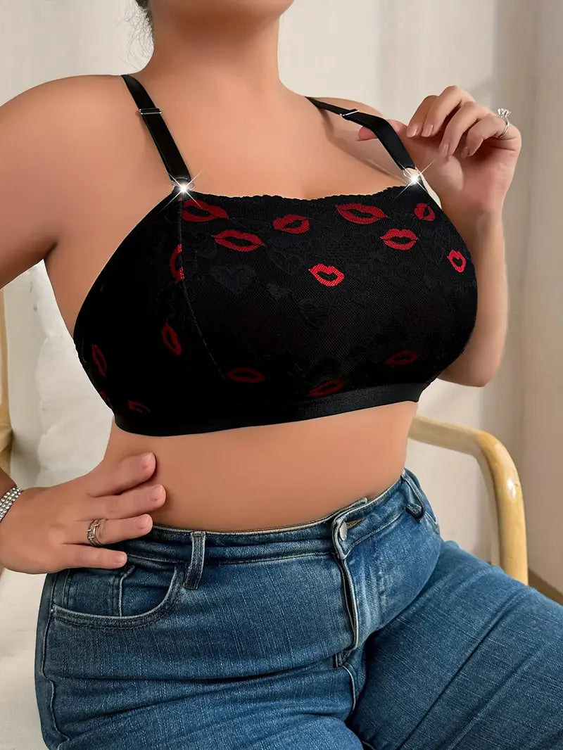Women's Plus Size Sexy Bra - Black & Red Lip Print - Soft 90% Nylon Full Coverage