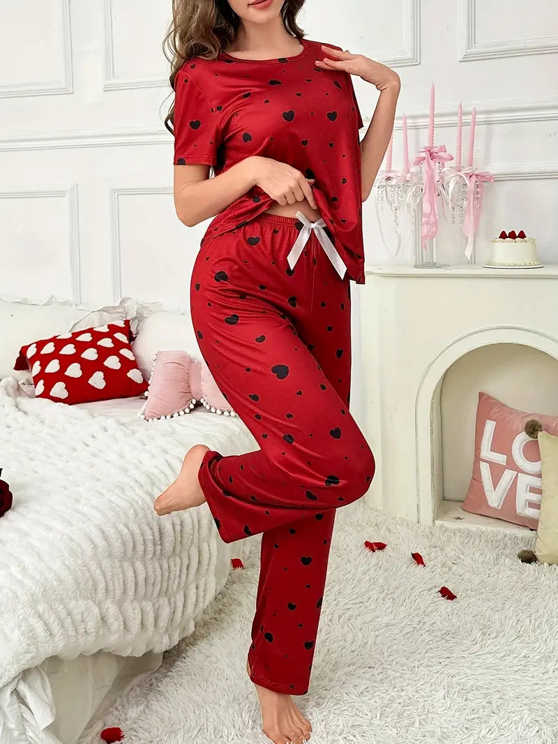 Women'S 2pcs Heart Print Pajama Set - Casual Crew Neck Short Sleeve Top & Long Pants, Soft & Comfortable
