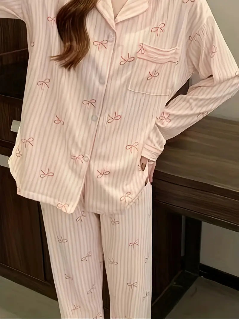 Wrinkle Fabric Sleepwear Spring Collection Sweet Striped Long Sleeve Korean Style Casual Wearable Home Set