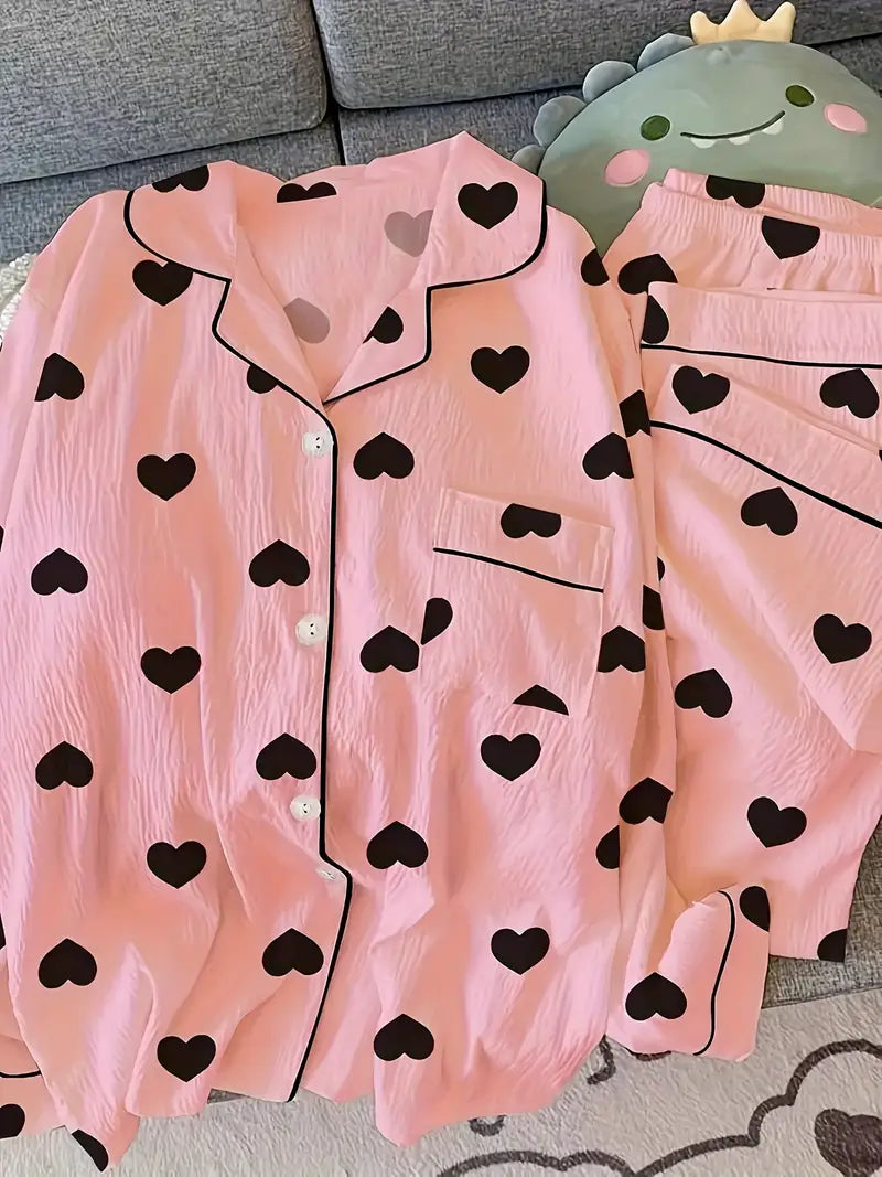Set of 2 Women'S Pajama Outfits Featuring a Cute Homewear Design with Gentle Heart Prints And Long-Sleeve Casual Sleepwear