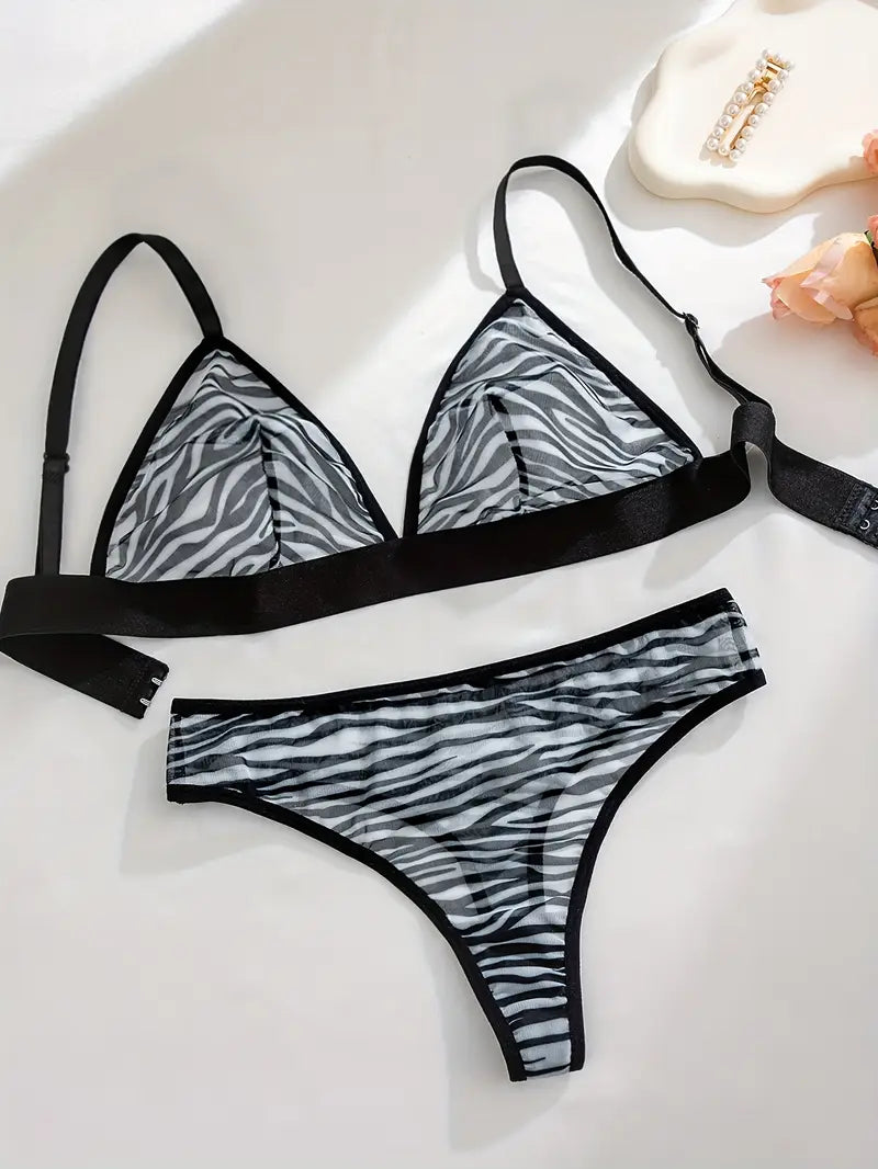 Women'S Black Zebra Print Wireless Mesh Bra and Thong Set