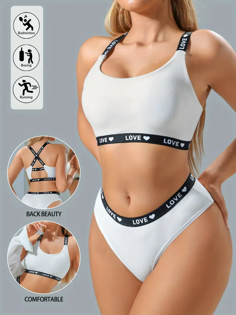 2pcs Full Coverage High- Sports Bra & Bikini Underwear Set