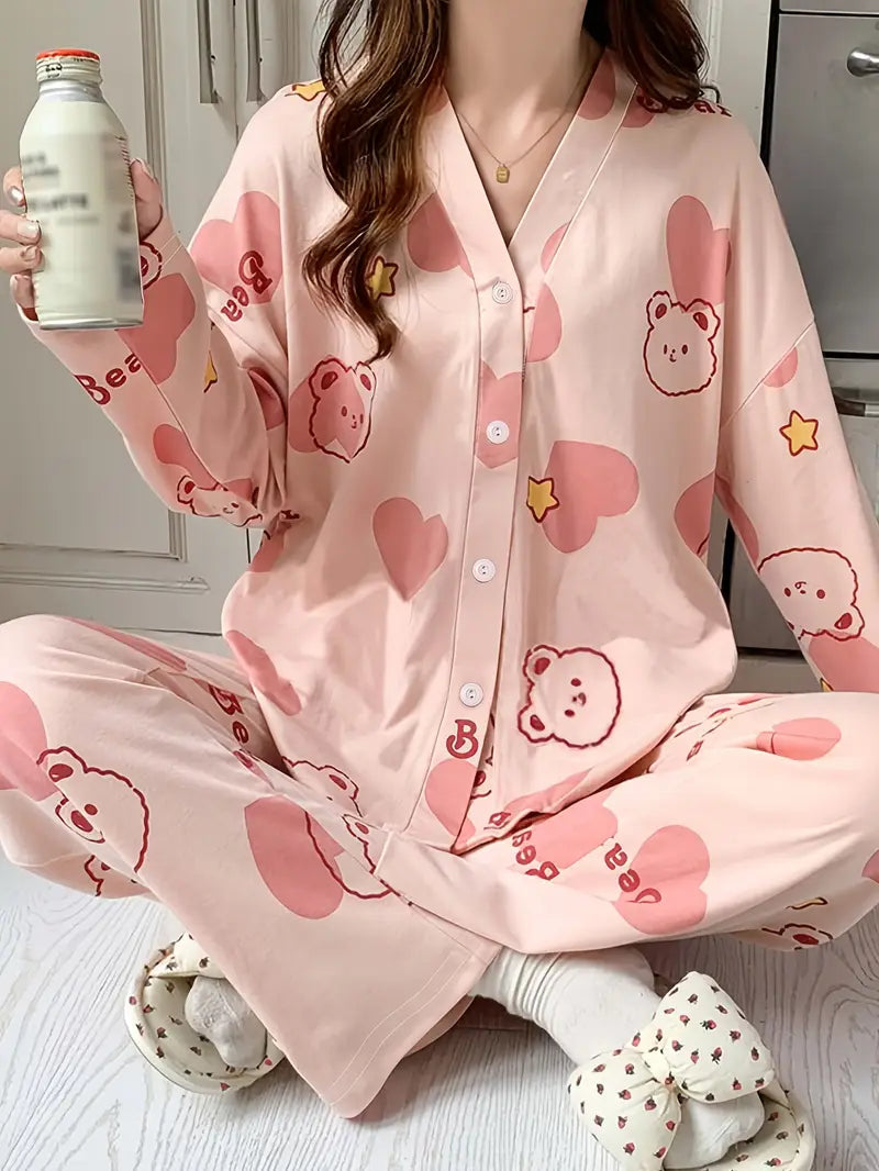 In-Stock High Quality Non Stretch Women's Pajamas, Autumn Long Sleeve & Leggings Set for s with V Neck