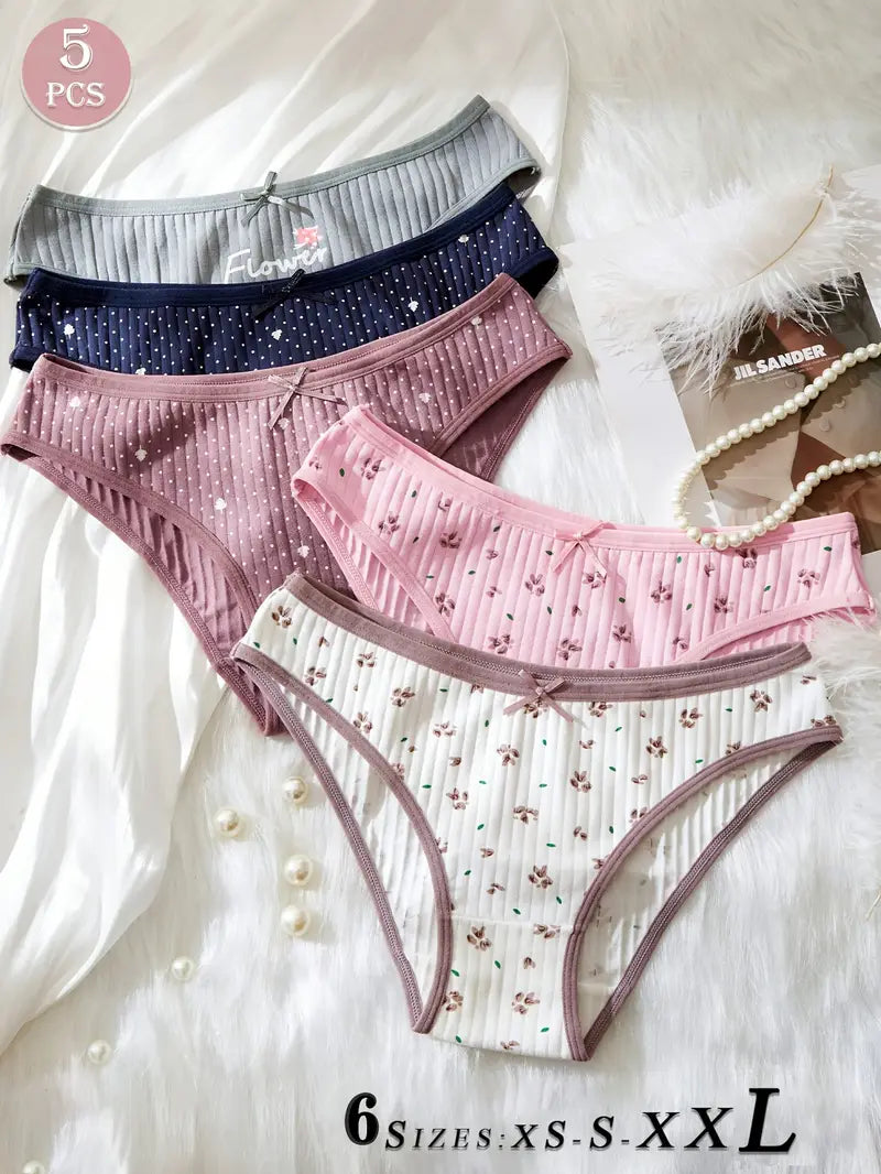 5pcs Oriental Soft Breathable High-Stretch Comfort Fabric Ribbed Elegant Bow Pure Breathable Printed Women's Panties