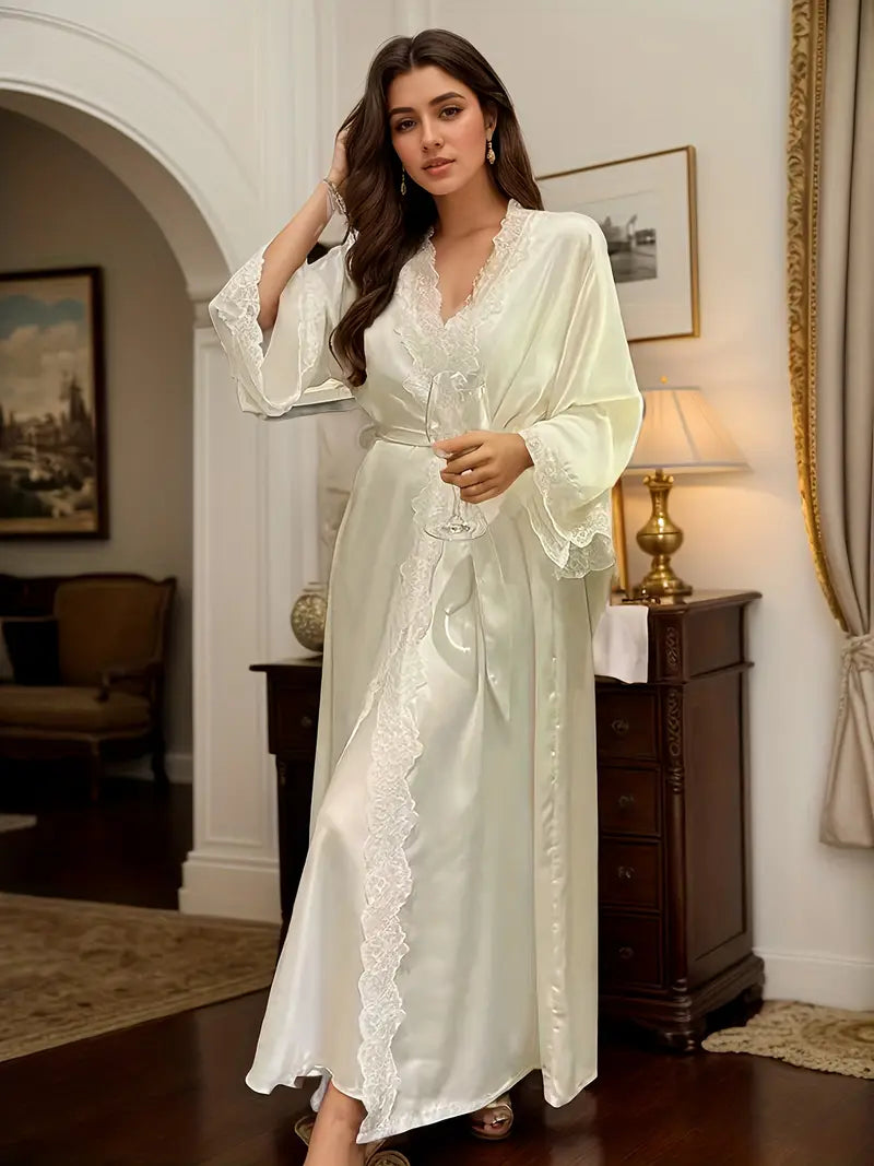 French Sexy Pure Desire Nightgown Set with Ice Sliky Fiber Fabric Camisole and Long Length, Summer Bralette Two-Piece for Women