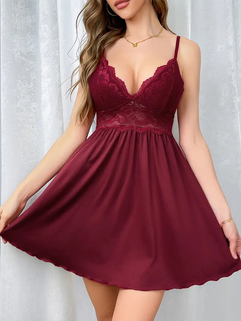 Elegant Red Lace-Trimmed Slip Nightgown for Women - Sexy V-Neck, Sleeveless Midi Dress with Ruffled Hem, Soft & Comfortable