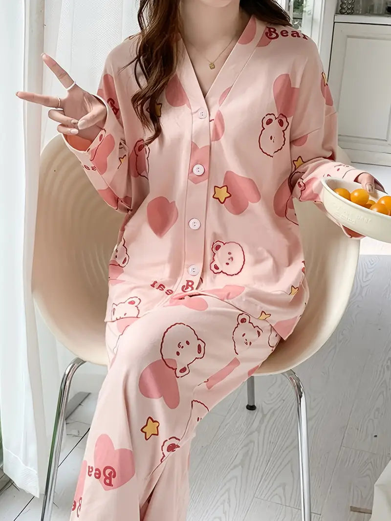 In-Stock High Quality Non Stretch Women's Pajamas, Autumn Long Sleeve & Leggings Set for s with V Neck