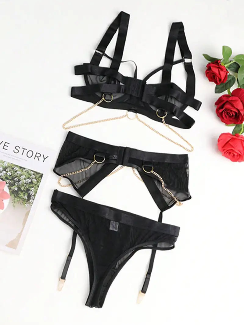 Women'S Sexy Lingerie Set with Chain Circle Embellishments - Mesh Hollow Out Bra