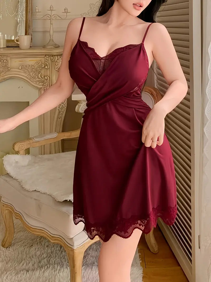 Women's New European and American Sexy Temptation Lingerie Sleepwear with Contrast lace Patchwork Camisole Nightdress