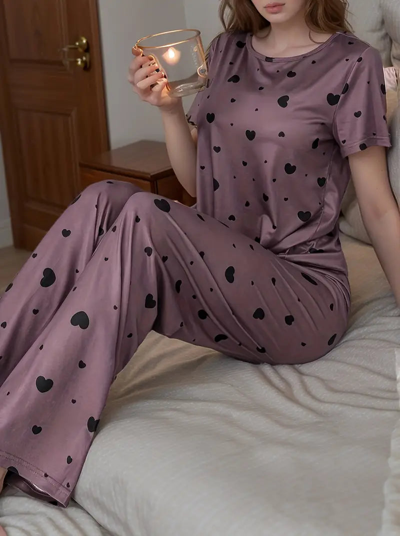 Women'S Heart Pattern Short Sleeve Pajama Set - Casual Crew Neck, All-Season Comfort, Green with Hearts