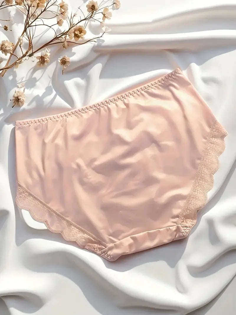 5pcs Solid Seamless Contrast Lace Decorated Satin Panties, Sexy Comfortable