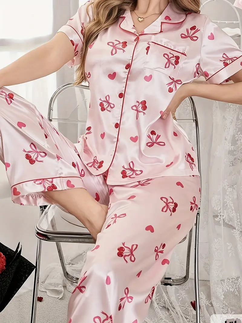 Pink Bow Collar Button-Up Short Sleeve Top and Casual Stretch Pants Two-Piece Set Women's Loungewear Outerwear Sleepset