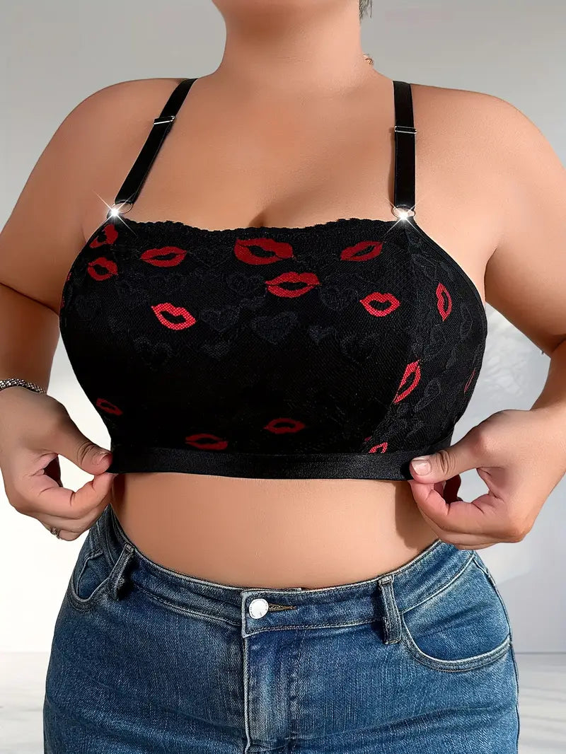 Women's Plus Size Sexy Bra - Black & Red Lip Print - Soft 90% Nylon Full Coverage