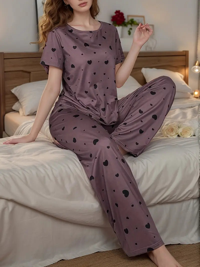 Women'S Heart Pattern Short Sleeve Pajama Set - Casual Crew Neck, All-Season Comfort, Green with Hearts
