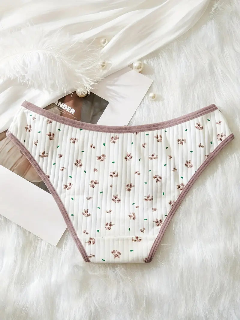 5pcs Oriental Soft Breathable High-Stretch Comfort Fabric Ribbed Elegant Bow Pure Breathable Printed Women's Panties