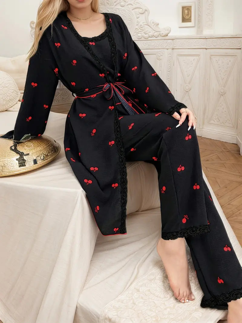 Casual Fashion Heart Print Lace Trim Tie-Up Women's Pajama Set of 3pcs
