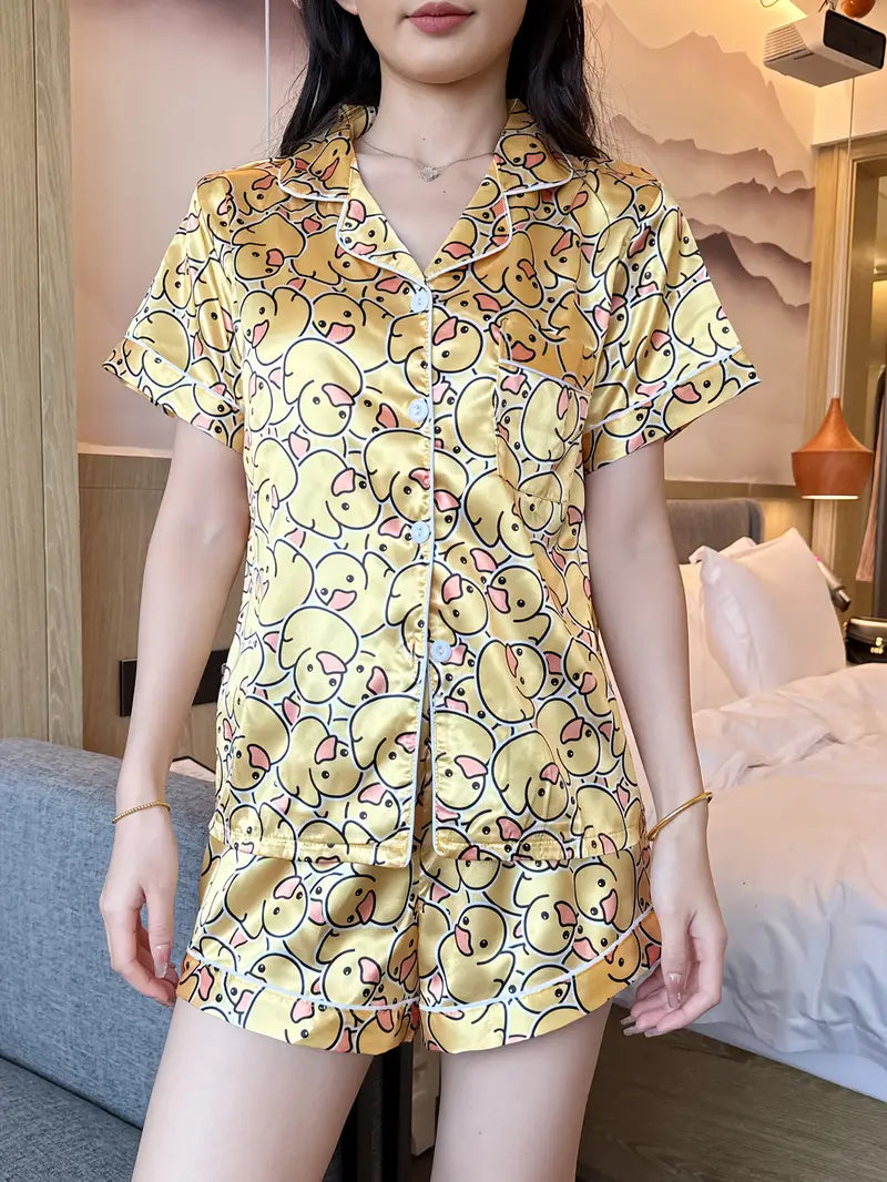 Satin Women's Pajama Set, Short Sleeve Top and Briefs, Two-Piece Summer Sexy Comfortable Sleepwear