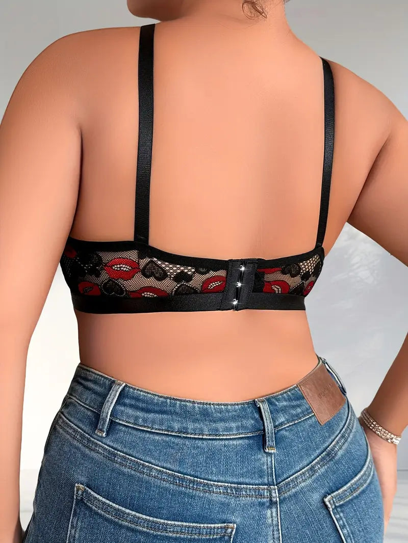 Women's Plus Size Sexy Bra - Black & Red Lip Print - Soft 90% Nylon Full Coverage