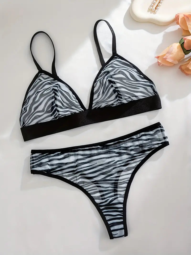 Women'S Black Zebra Print Wireless Mesh Bra and Thong Set