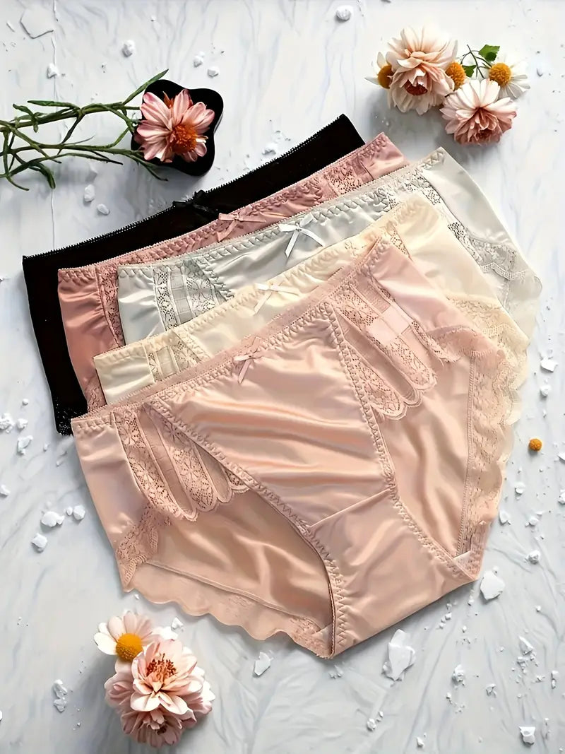 5pcs Solid Seamless Contrast Lace Decorated Satin Panties, Sexy Comfortable