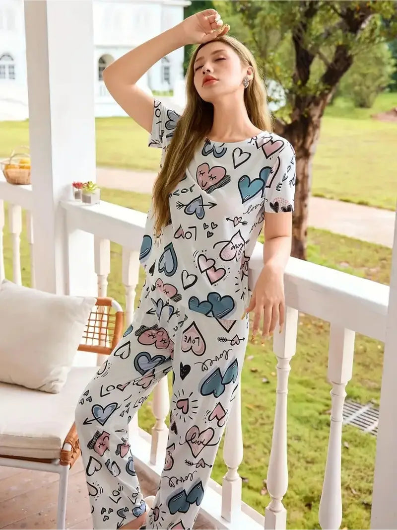 Two-Piece Women's Spring Autumn Winter Pajama Set, Short Sleeve Pullover Round Neck Top and Long Pants