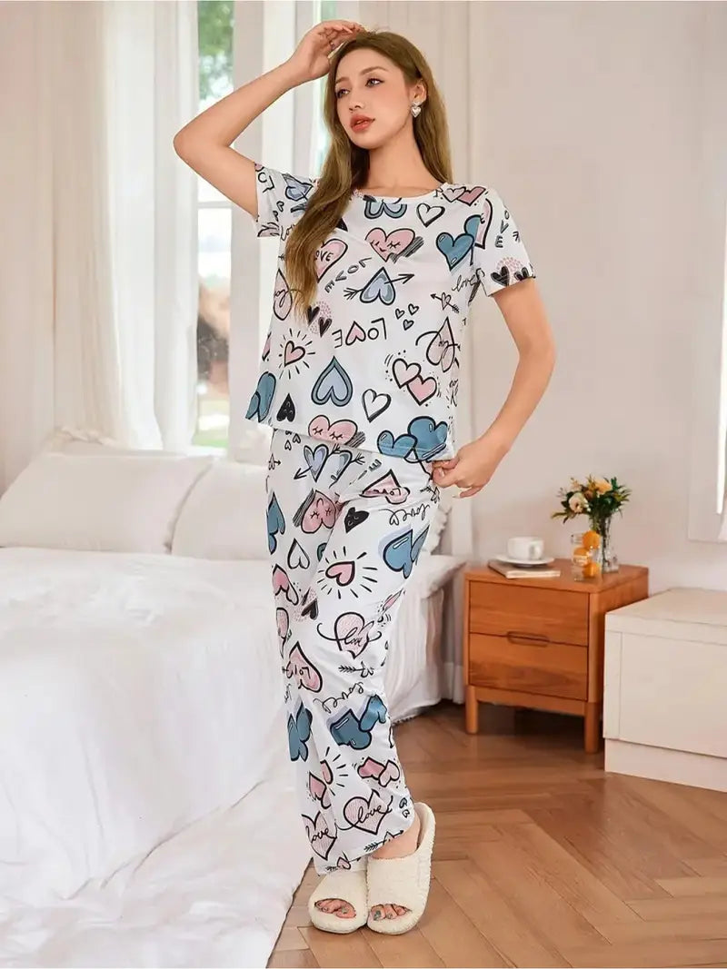 Two-Piece Women's Spring Autumn Winter Pajama Set, Short Sleeve Pullover Round Neck Top and Long Pants
