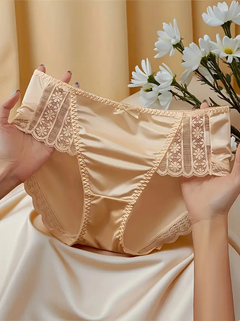 5pcs Solid Seamless Contrast Lace Decorated Satin Panties, Sexy Comfortable