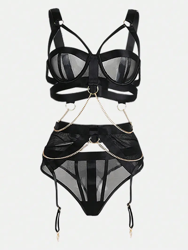 Women'S Sexy Lingerie Set with Chain Circle Embellishments - Mesh Hollow Out Bra