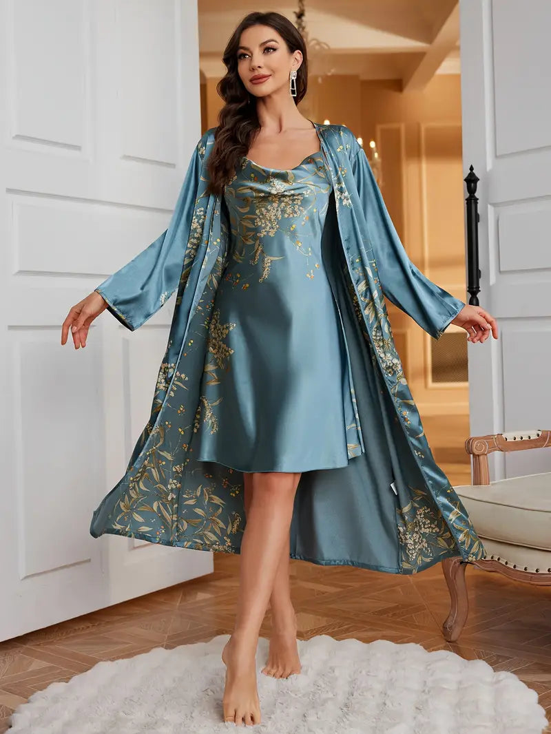 Elegant Cherry Blossom Print Women's Sleepwear Set - Vintage-Inspired Long Sleeve Robe with Belt & Cowl Neck Slip Dress